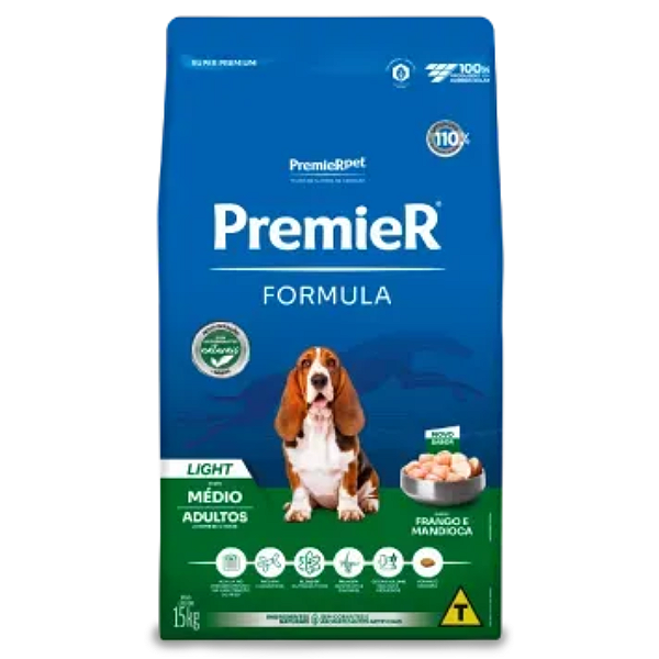 PREMIER RAÇÃO FORMULA LIGHT CÃES ADULTOS RAÇAS MÉDIAS 15KG
