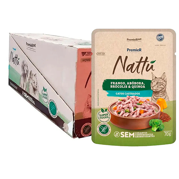 PREMIER NATTU GOURMET GATOS CAST FRANGO E ABOBORA 70G CX20UN