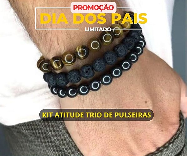 KIT ATITUDE PARA / TRIO DE PULSEIRAS-HEMATITA-VULCANICA-OLHO DE TIGRE- Resiliencia, força, coragem, atitude e proteção.