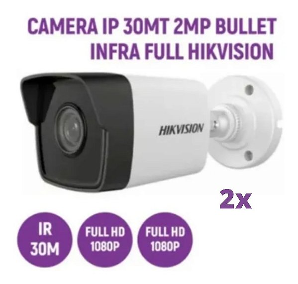 Kit 2 Cameras Ip 30mt 2mp Bullet 4mm Hikvision Full Hd