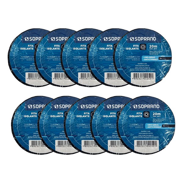 KIT 10 FITA ISOLANTE 19MMX20M PRETA SOPRANO