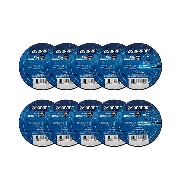 KIT 10 FITA ISOLANTE 19MMX10M PRETA SOPRANO