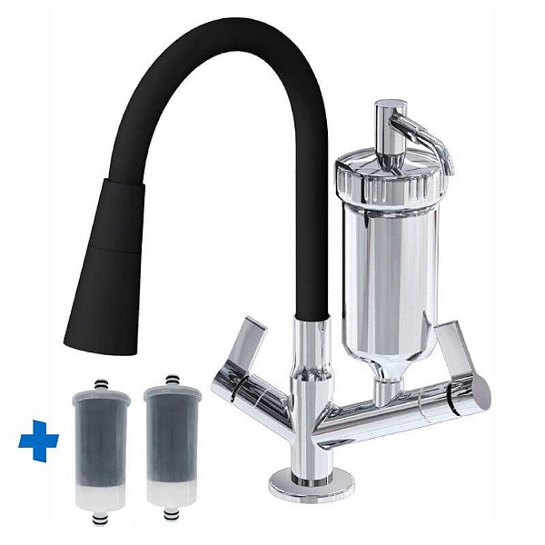 Torneira Gourmet Com Filtro Cozinha de bancada + 2 Refis Luxo - 2168 C72conepreto2refil