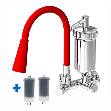 Torneira Gourmet Com Filtro Cozinha 2 Jatos Vermelha Parede + 2 Refis Pró Saúde - 2167 C72coneverm2refil
