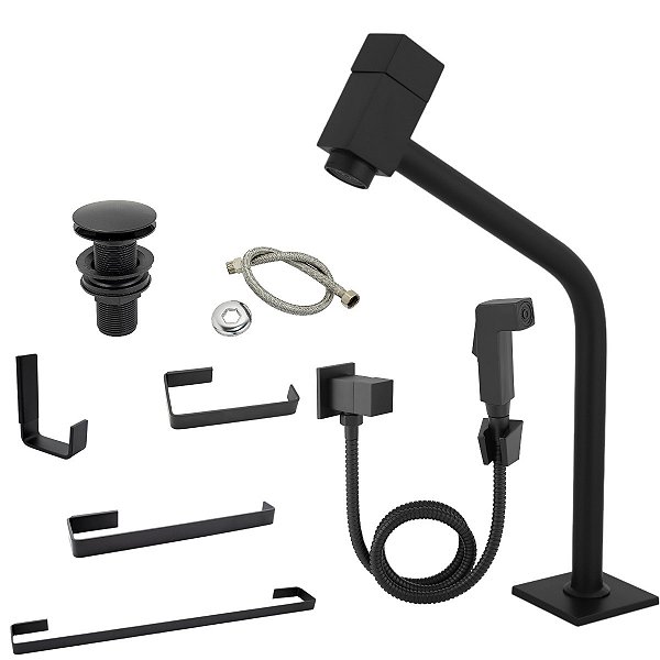 Kit Completo para Banheiro e lavabo 5 Peças Quadrado Preto Fosco Square - KITCOMPSQUAREPRT