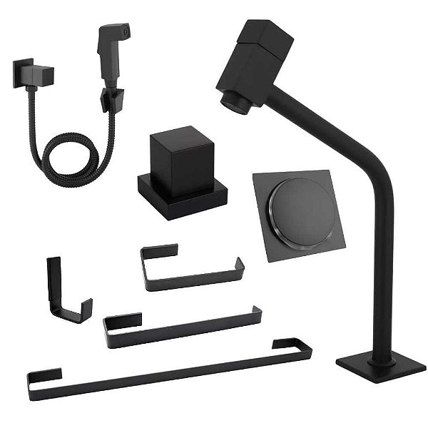 Kit Para Banheiro 5 Peças Quadrado Preto | Elegância e Praticidade - kitBlackquadri1