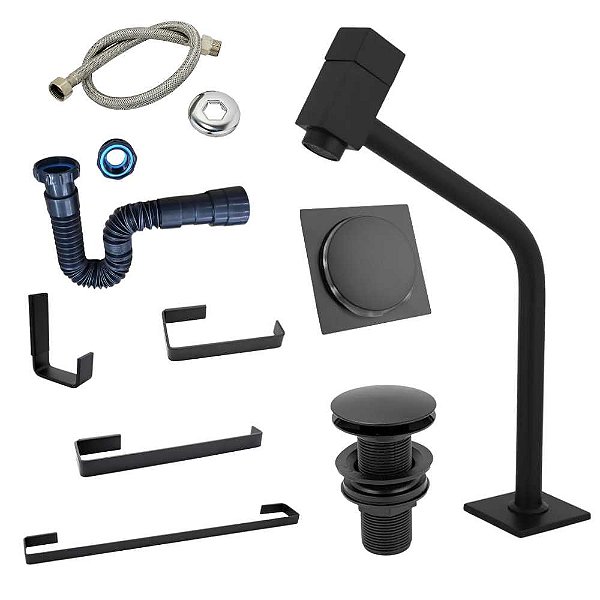Kit Completo para Banheiro com Torneira, Acessórios, Engate Flexível, Sifão e Válvula Click 6 Peças - KITBLACK6PÇSC/RALOCLICK