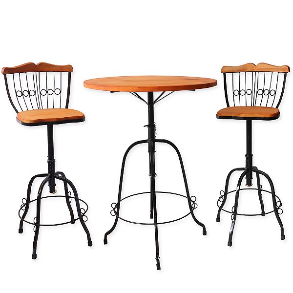 Mesa Bistrô Tampo 70 cm e 2 Banquetas Ferro E Madeira
