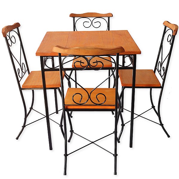 Mesa Quadrada 70x70 cm e 4 Cadeiras Em Ferro E Madeira Promoção