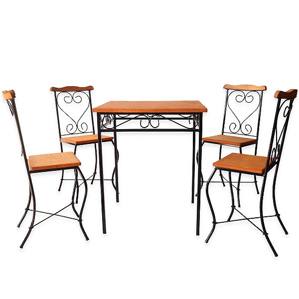 conjunto de mesa 90X90 com 4 cadeiras ferro e madeira