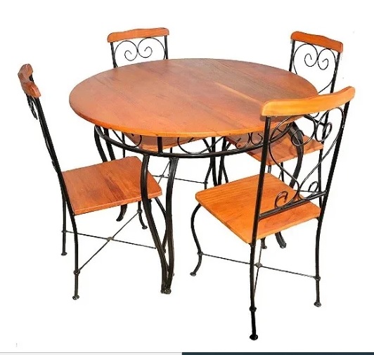 Mesa De Jantar Tampo 90 Cm e 4 Cadeiras Em Ferro E Madeira