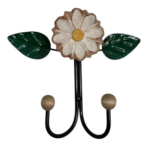 Cabideiro Delicado Dois Ganchos Com Flor Vermelha Em Madeira