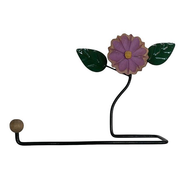 Suporte Para Papel Toalha Em Ferro Com Flor Rosa Em Madeira
