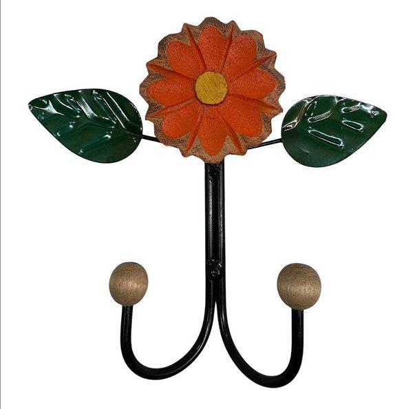 Cabideiro Delicado Dois Ganchos Com Flor Vermelha Em Madeira