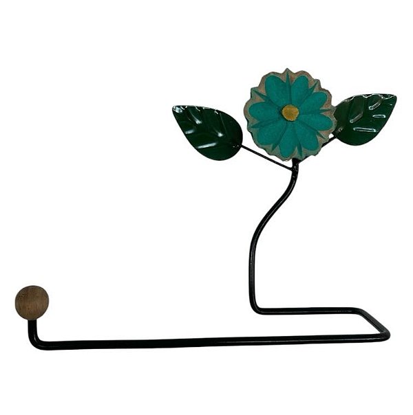 Suporte Para Papel Toalha Em Ferro Com Flor Verde Em Madeira