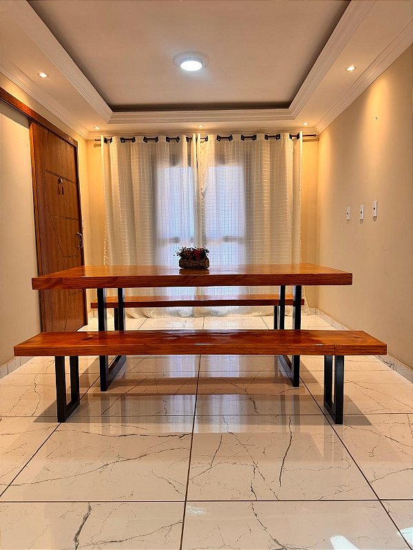 Mesa 200x100 Ferro e Madeira Com 2 Bancos Mineiros Para Cozinha Area Goumert