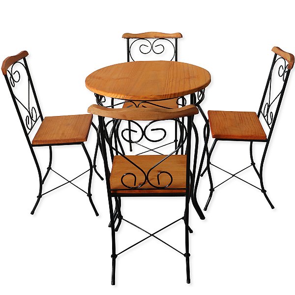 Mesa Tampo 70 Cm Redonda Com 4 Cadeiras Aço Madeira