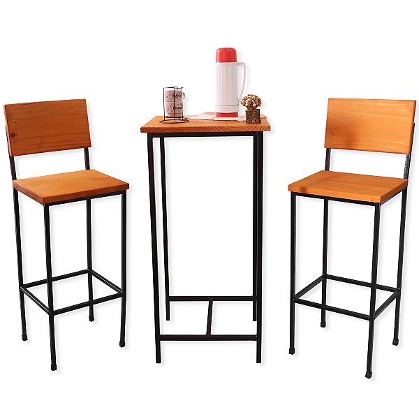 Conjunto Mesa 50x50 Quadrada Ferro Madeira e 2 Banquetas Altas