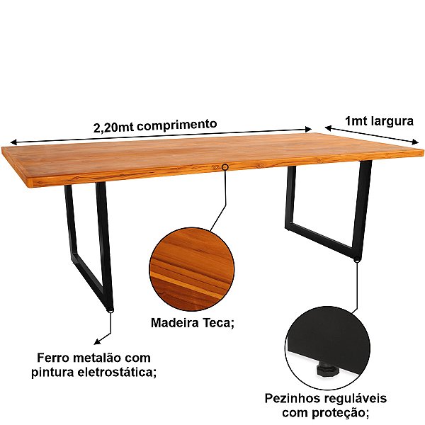 Mesa Madeira Teca Pés de Ferro 220x100 Cm Para Cozinha