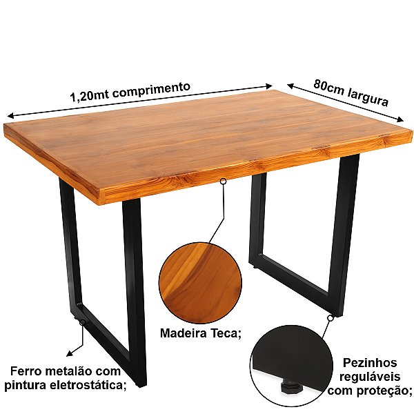 Mesa 120x80 Madeira Maciça Teca Pés Metalon Cozinha Oferta