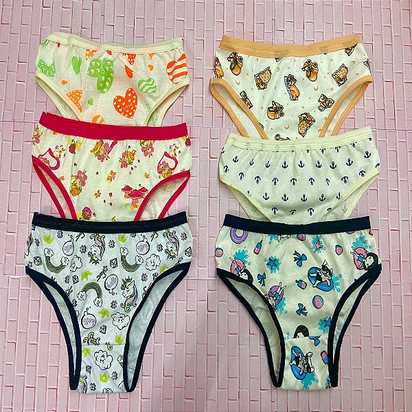 Kit c/6 Calcinhas Inf. Estampadas 100% Algodão