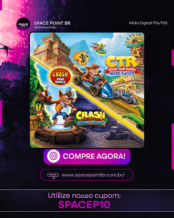 Pacote Crash Bandicoot N. Sane Trilogy + CTR Nitro-Fueled Mídia Digital PS4/PS5