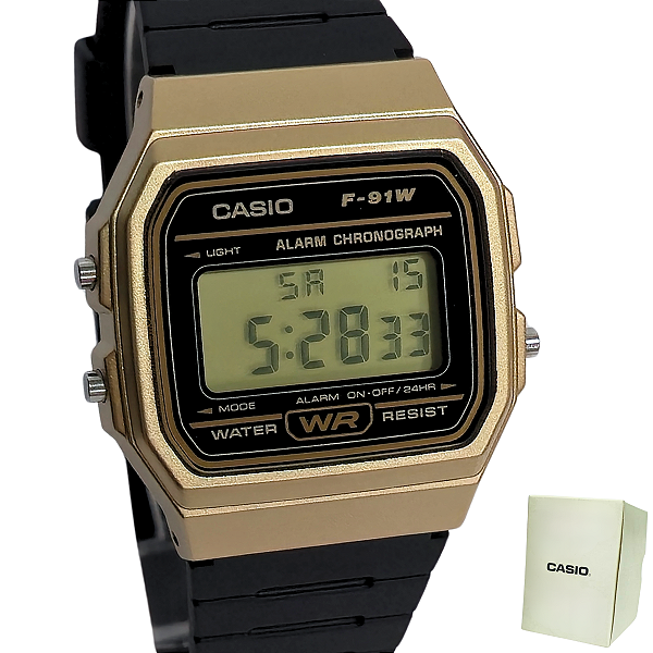 Relógio Casio Digital Unissex Preto/Dourado F-91WM-9ADF