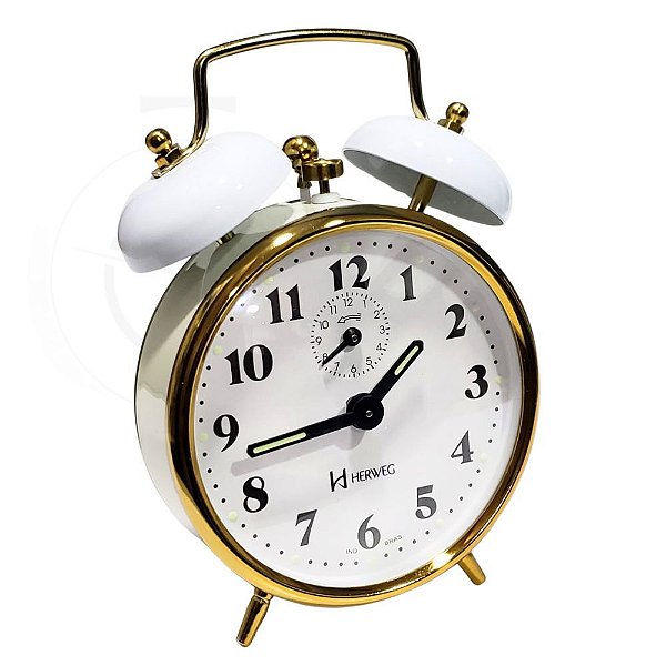 Relógio Despertador Mecânico Herweg Retrô Metal Branco 2215