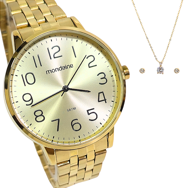 Relógio Mondaine Feminino Analógico Dourado Kit 32599LPMKDE1K1