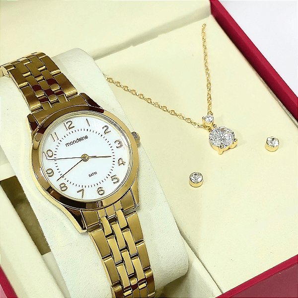 Relógio Mondaine Feminino Dourado Kit Com Semijoia 99919LPMKDE1K1