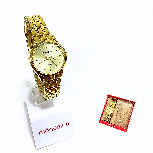 Relógio Mondaine Feminino Analógico Dourado Kit 32611LPMKDE1K1