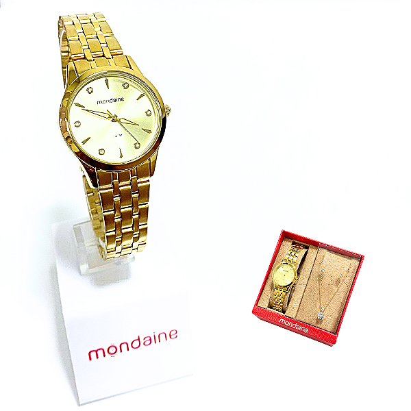 Relógio Mondaine Feminino Analógico Dourado Kit 32610LPMKDE1K1