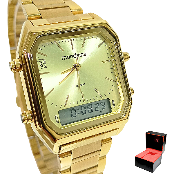 Relógio Mondaine Feminino Anadigi Quadrado Dourado 32216LPMVDE1