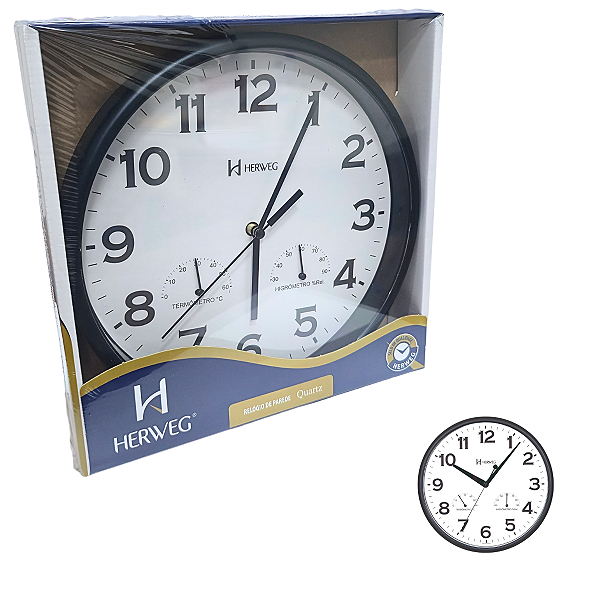 Relógio de Parede Herweg Preto Com Termômetro e Higrômetro 660072 - 034
