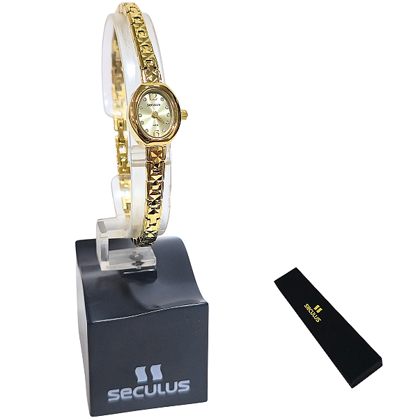 Relógio Seculus Feminino Analógico Mini Oval Dourado 20176LPSVDB3