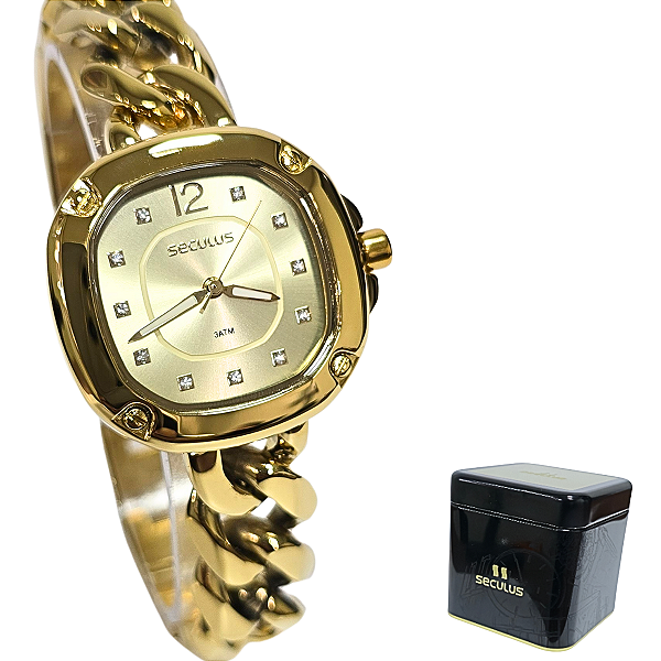 Relógio Seculus Feminino Analógico Dourado Cristais 77111LPSVDB1