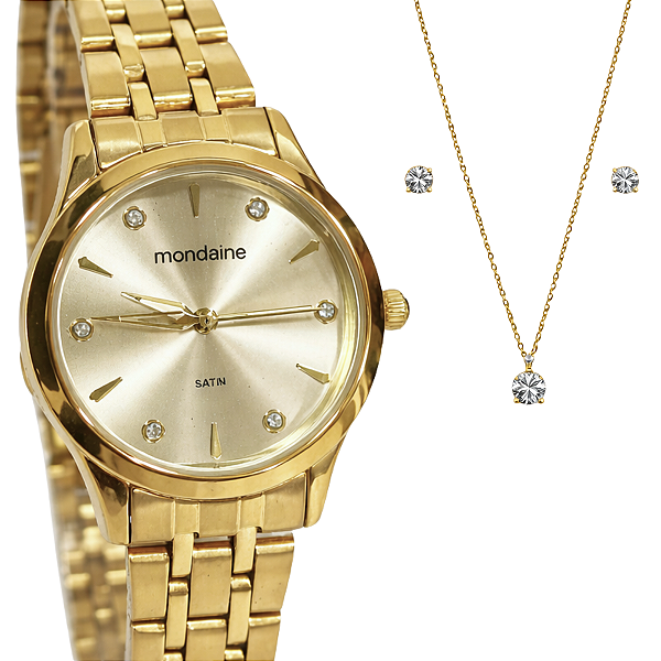 Relógio Mondaine Feminino Analógico Dourado Kit 99914LPMKDE1K1