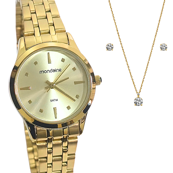 Relógio Mondaine Analógico Feminino Dourado Kit 32611LPMKDE1K1