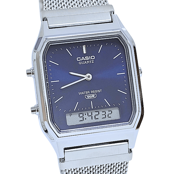 Relógio Casio Unissex Anadigi Vintage Mesh Prateado AQ-230EM-2ADF