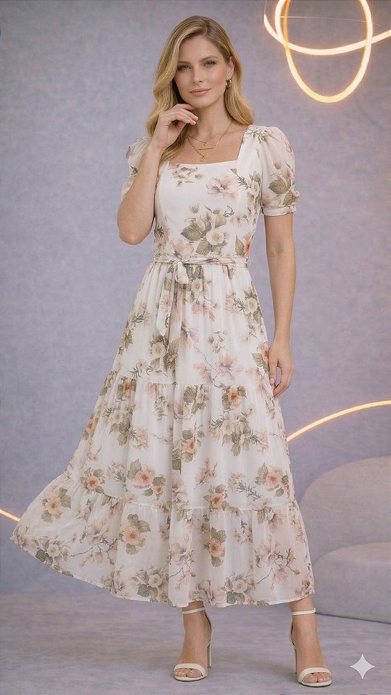 Vestido com Manga em Tule Estampado 0146 - Liz