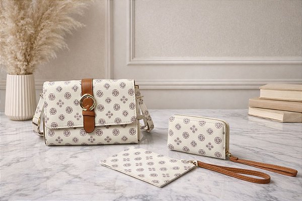 Kit Trio Elegance Monograma – Bolsa + Carteira + Porta Moedas (Importado)