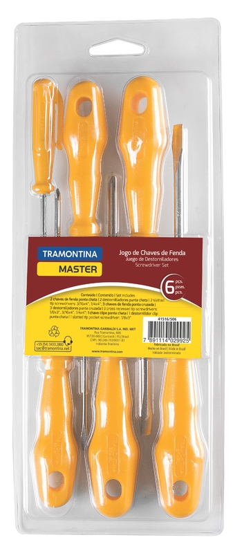 Jogo de Chaves de Fenda Tramontina MASTER Yellow 6 Peças -3/16x4”, 1/4x4”, 1/8x3”, 1/8x3”, 3/16x4”, 1/4x4”.
