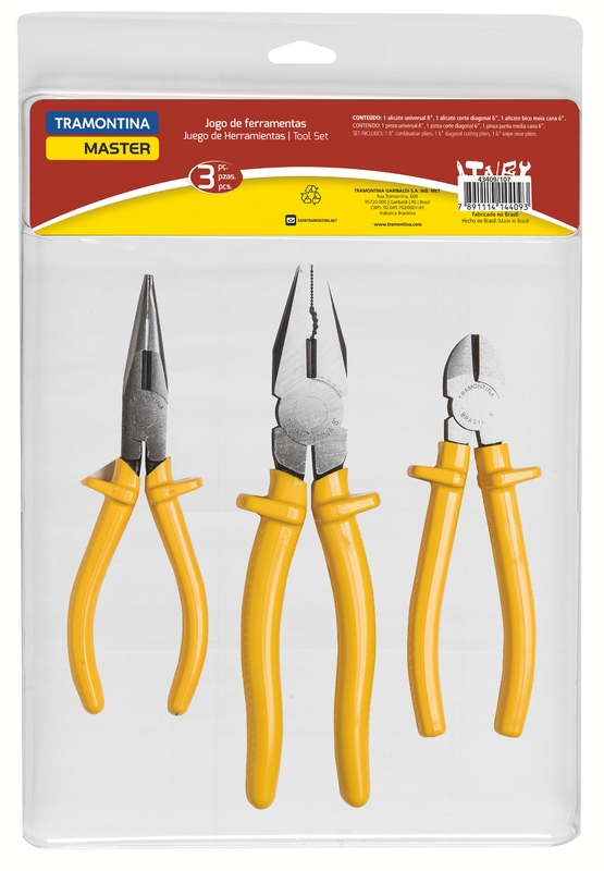 Jogo de Alicates Tramontina Master com Alicate Universal de 8”, Alicate de Corte Diagonal 6” e Alicate de Bico Meia Cana 6”.