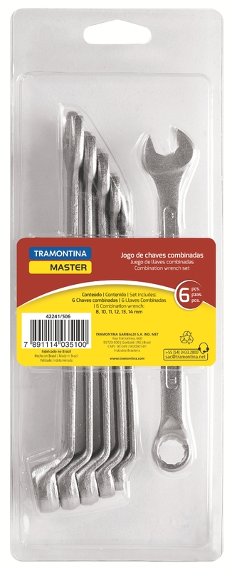Jogo de Chaves Combinadas Tramontina MASTER com Corpo Forjado em Aço Vanádio Cromado 6 Peças -Variam de 8 à 14 mm.