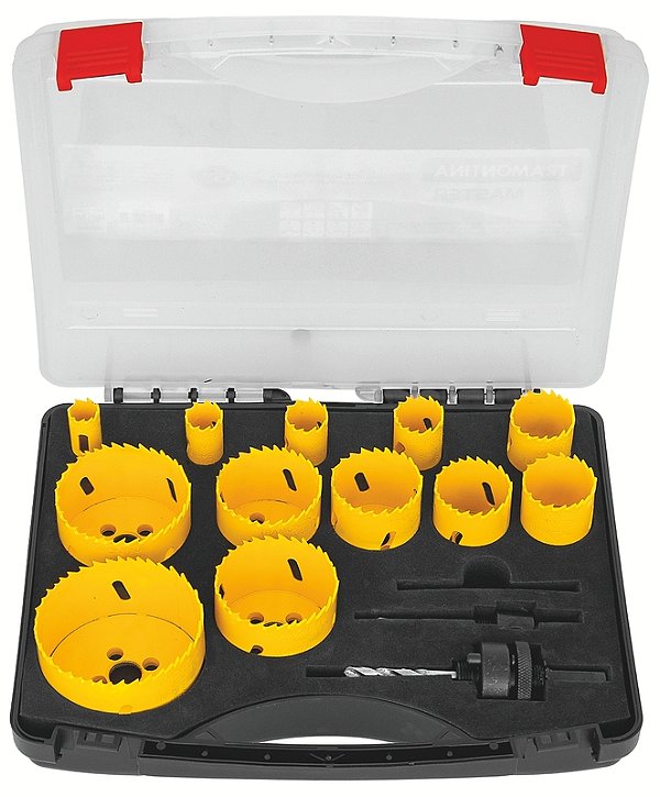 Jogo de Serras Copo Bi-Metálicas Tramontina MASTER 15 Peças – Dentes em Aço Rápido HSS, Contém 3 Brocas e 12 Serras de 16 mm a 76 mm.