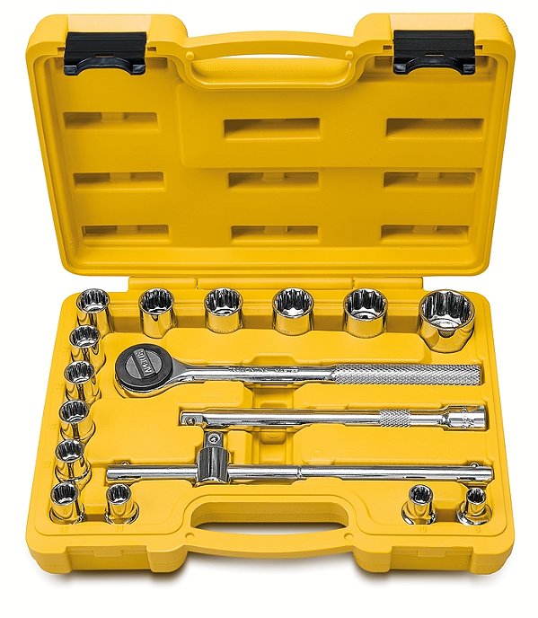 Jogo de Soquetes Estriados Encaixe 1/2" Tramontina MASTER 17 Peças – Aço Cromo Vanádio, Inclui 14 Soquetes de 8 mm a 30 mm, Catraca Reversível, Cabo T de 10", Extensão de 8" e Maleta Plástica