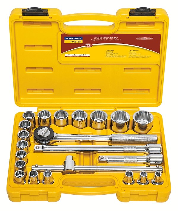 Jogo de Soquetes Estriados Encaixe 1/2" Tramontina MASTER 22 Peças – Aço Cromo Vanádio, Inclui Soquetes de 8 mm a 32 mm, Extensões de 5" e 10", Cabo T de 10" e Catraca de 10", Tudo em Maleta Plástica