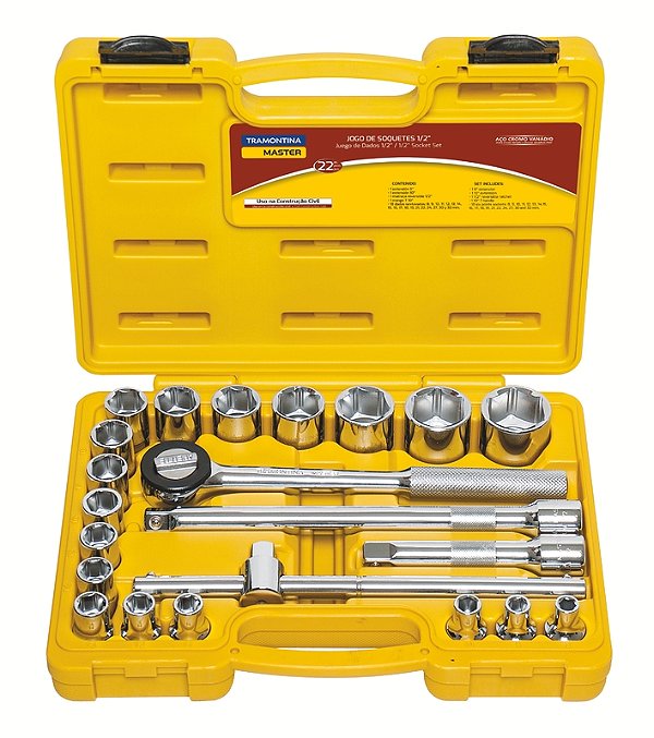 Jogo de Soquetes Sextavados Encaixe 1/2" Tramontina MASTER 22 Peças – Aço Cromo Vanádio com Acabamento Cromado, Inclui Soquetes de 8 mm a 32 mm, Extensões de 5" e 10", Cabo T de 10" e Catraca de 10", Tudo em Maleta