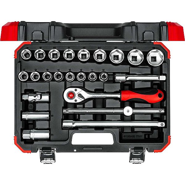 Jogo de soquetes sextavados e acessórios encaixe de 1/2" 10,0mm a 32,0mm com 24 peças R69003024 GEDORE RED