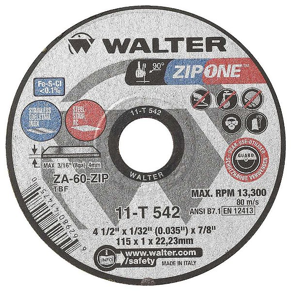 Disco de corte 115mm x 1mm x 22,23mm ZipOne 11T 542 WALTER